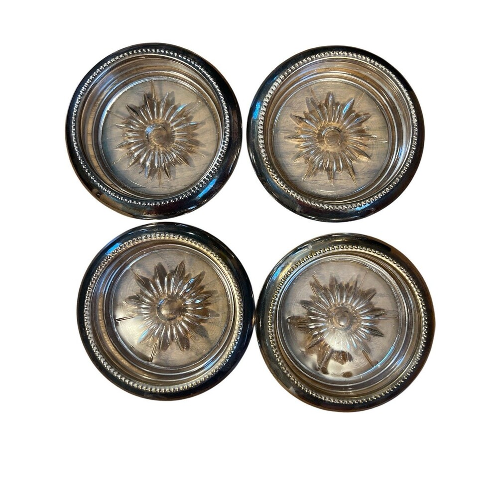 Vtg 4 Glass Coasters Marked Silver Plate‎ Beaded Decorated Rims Italy MCM
